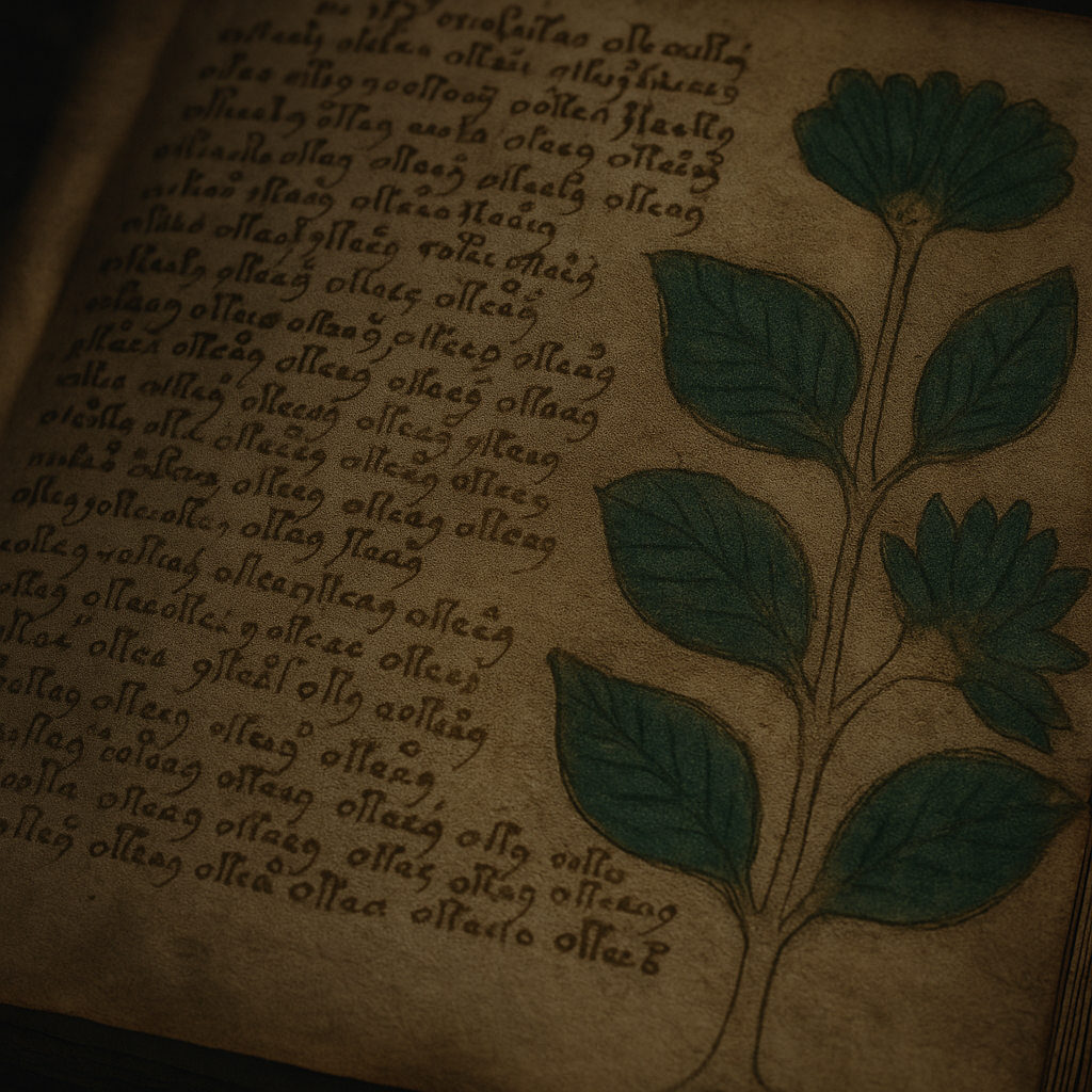 A close-up photograph of ancient vellum script showing intricate patterns and unknown symbols