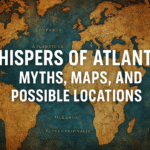 A digitally illustrated glowing lost city beneath the ocean with the text 'Whispers of Atlantis' in bold
