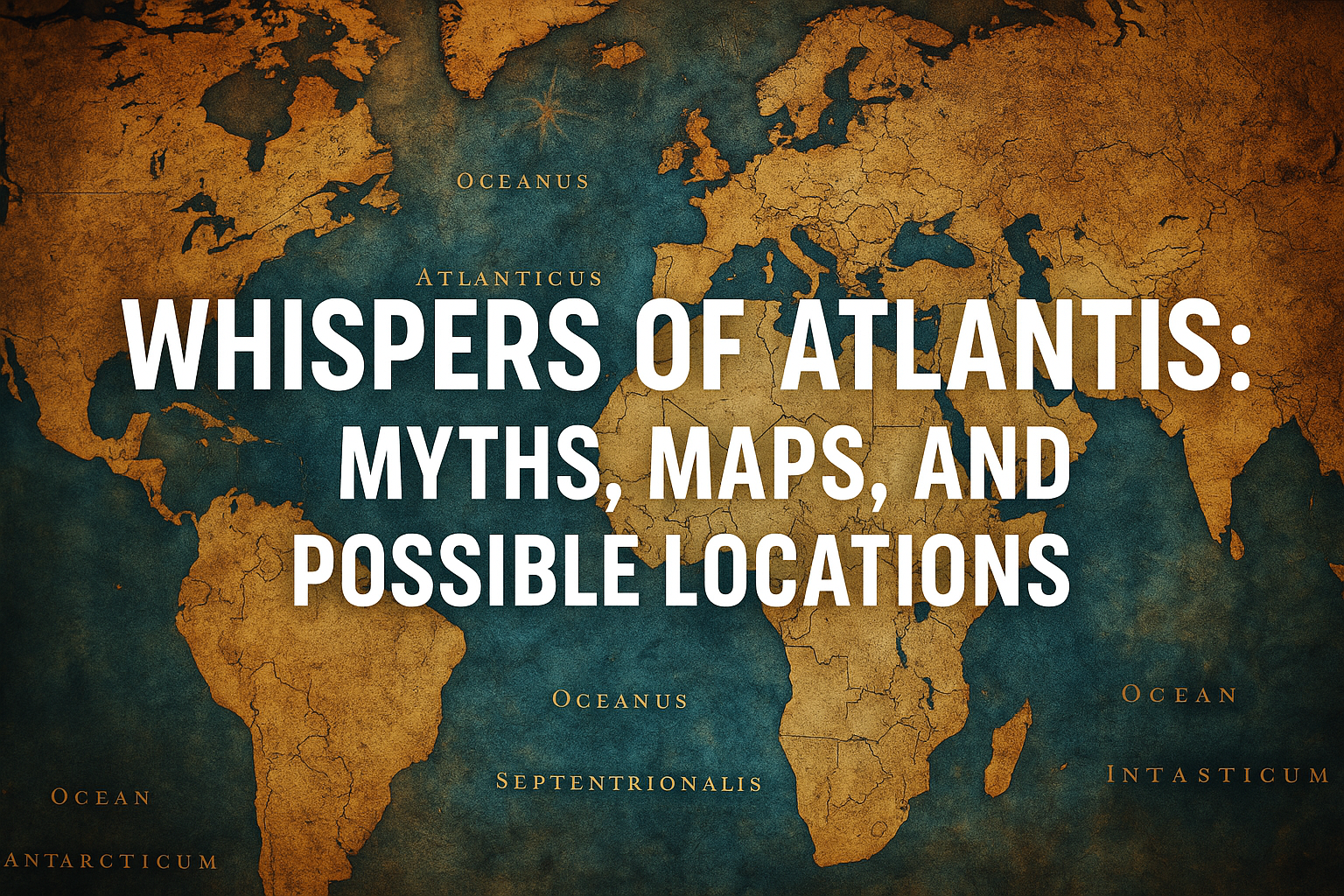 A digitally illustrated glowing lost city beneath the ocean with the text 'Whispers of Atlantis' in bold