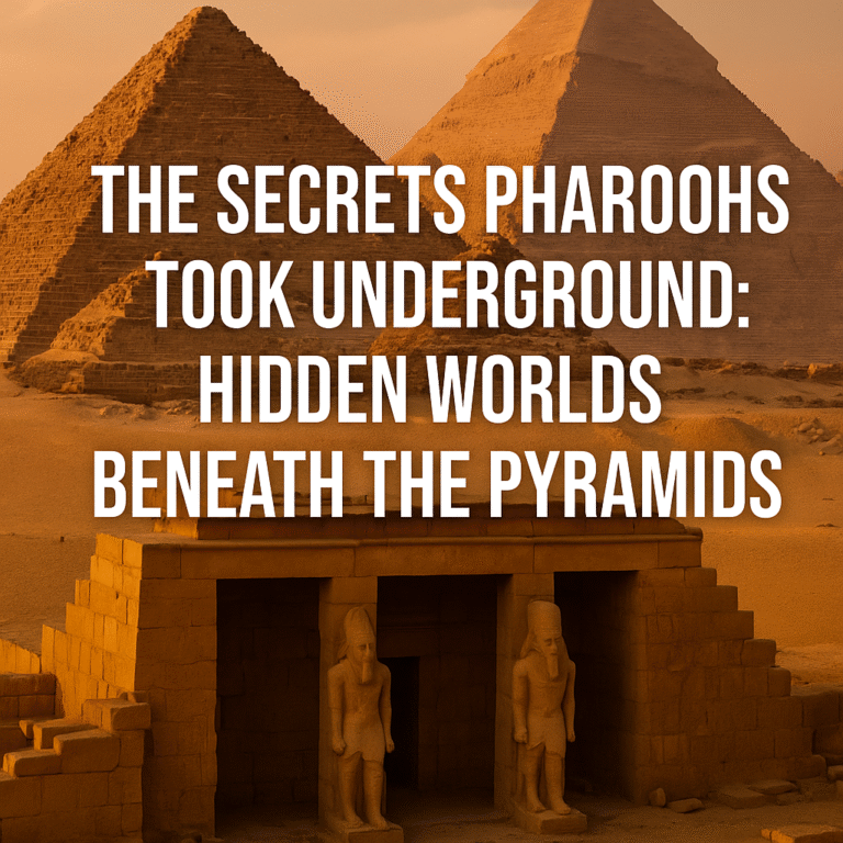 An ancient Egyptian pyramid with mysterious glowing light emerging from its base, symbolizing secrets hidden underground.