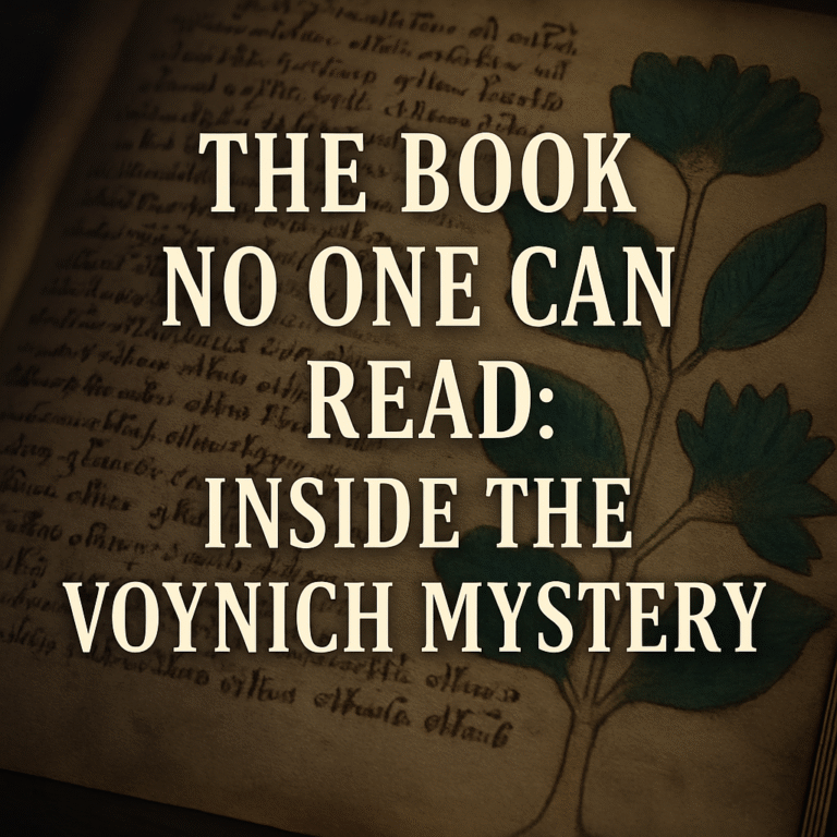 An antique manuscript page with mysterious illustrations and undecipherable text titled 'The Book No One Can Read