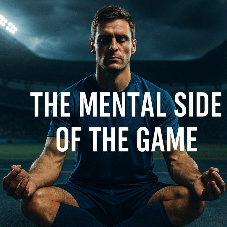 Digital artwork showing an athlete meditating before a big match with “THE MENTAL SIDE OF THE GAME” overlaid in white bold font.