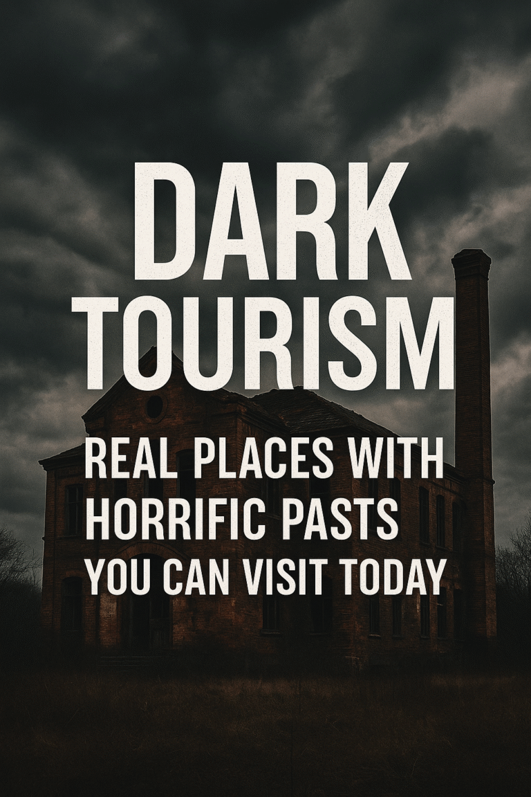 Dark Tourism: Real Places With Horrific Pasts You Can Visit Today title text over abandoned building and storm clouds