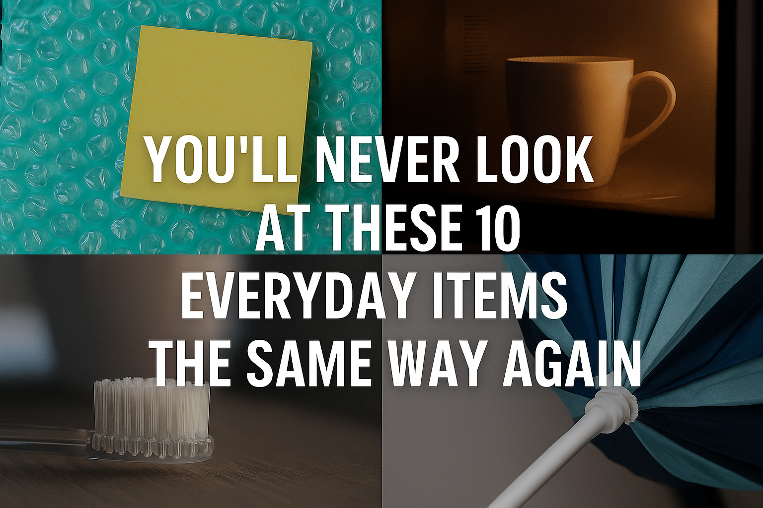 Flat lay of various everyday items like a toothbrush, teabag, and paperclip placed on a neutral background.