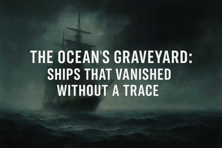 Fog-shrouded ghost ship at dusk with text overlay ‘The Ocean’s Graveyard: Ships That Vanished Without a Trace
