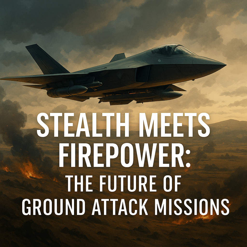 Futuristic ground attack jet flying low in stealth mode during a combat mission