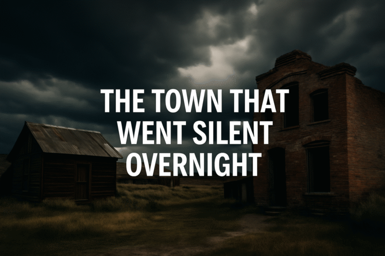 Ghost town under stormy sky with centered white title text: The Town That Went Silent Overnight