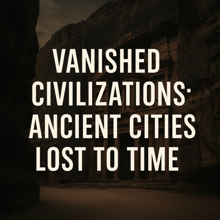 Moody desert canyon ruins with centered text: Vanished Civilizations: Ancient Cities Lost to Time