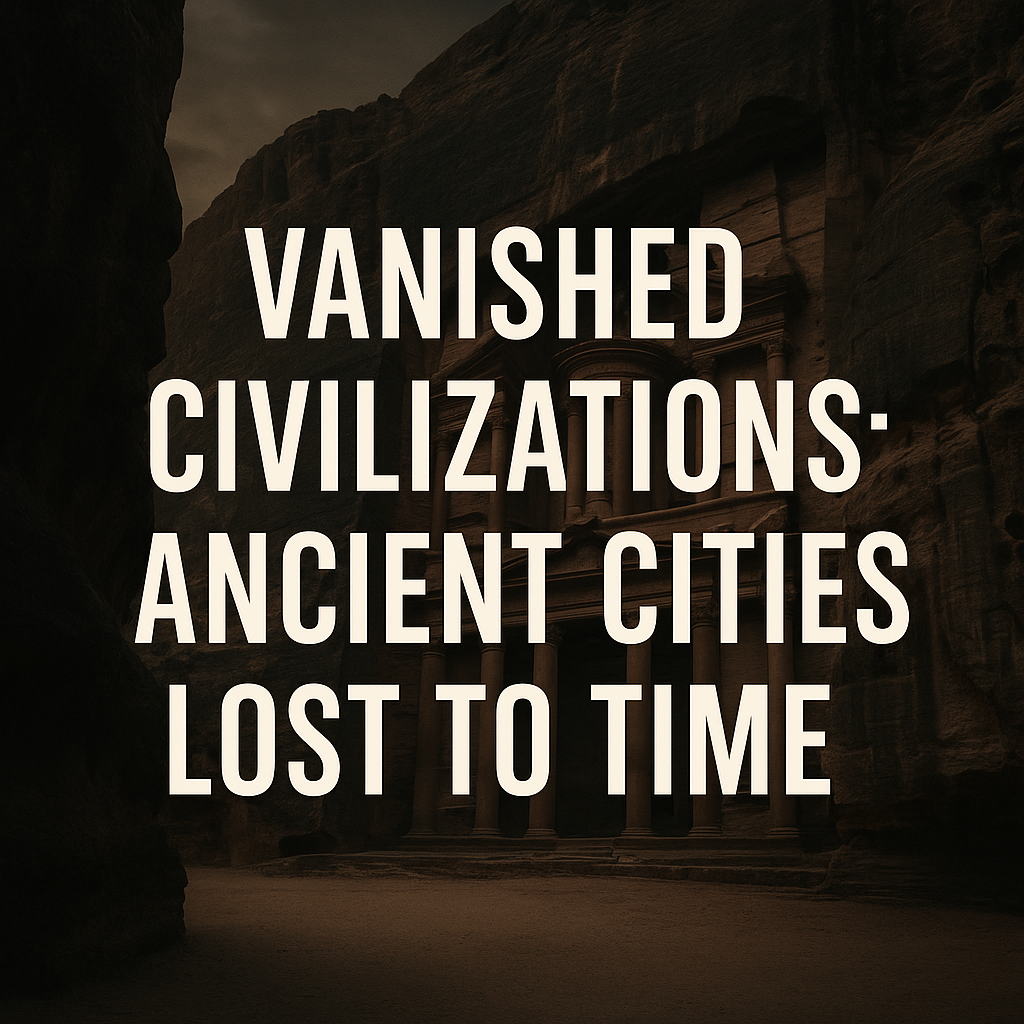 Moody desert canyon ruins with centered text: Vanished Civilizations: Ancient Cities Lost to Time