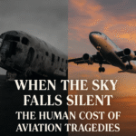 Split image showing a crashed airplane wreck and a commercial jet flying at sunset, with the title 'When the Sky Falls Silent: The Human Cost of Aviation Tragedies