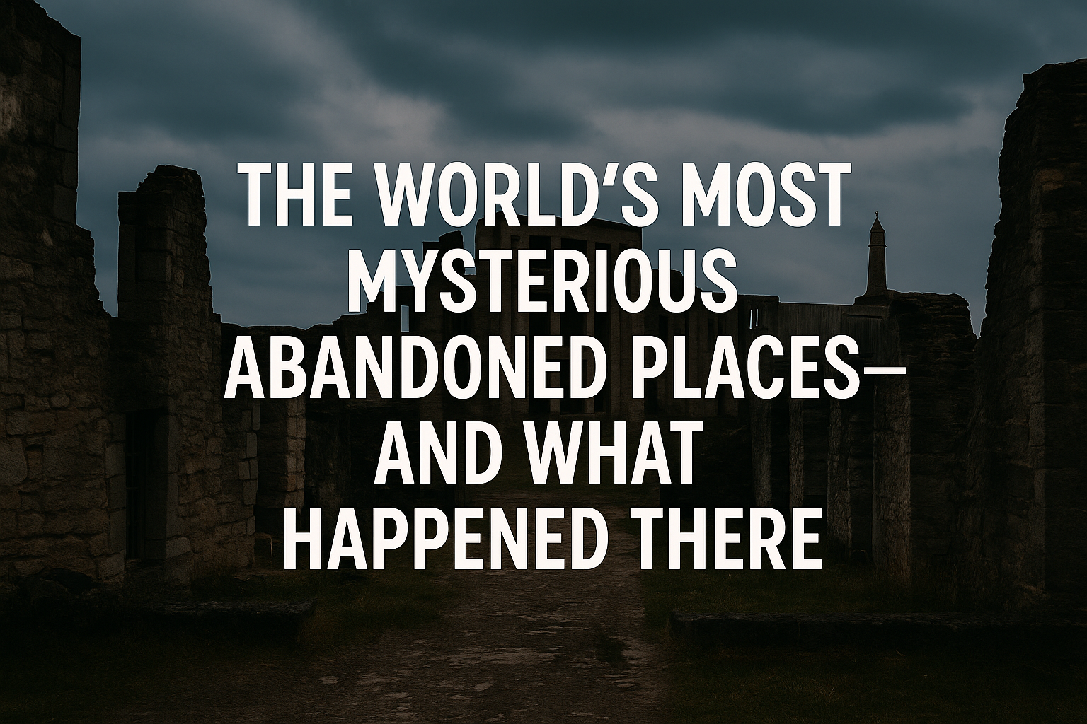 A crumbling stone ruin under a stormy sky with a haunting, abandoned atmosphere.