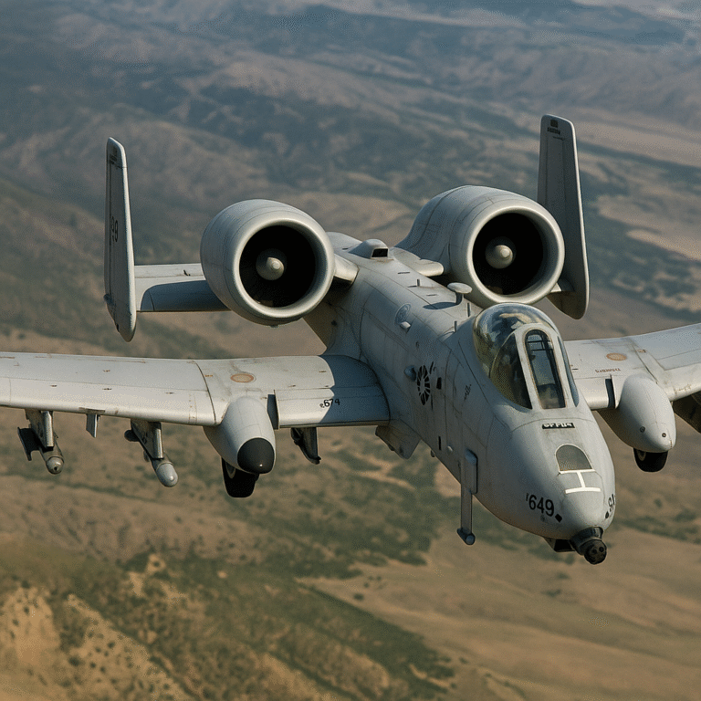 A-10 Warthog flying low over rugged terrain during a ground attack mission