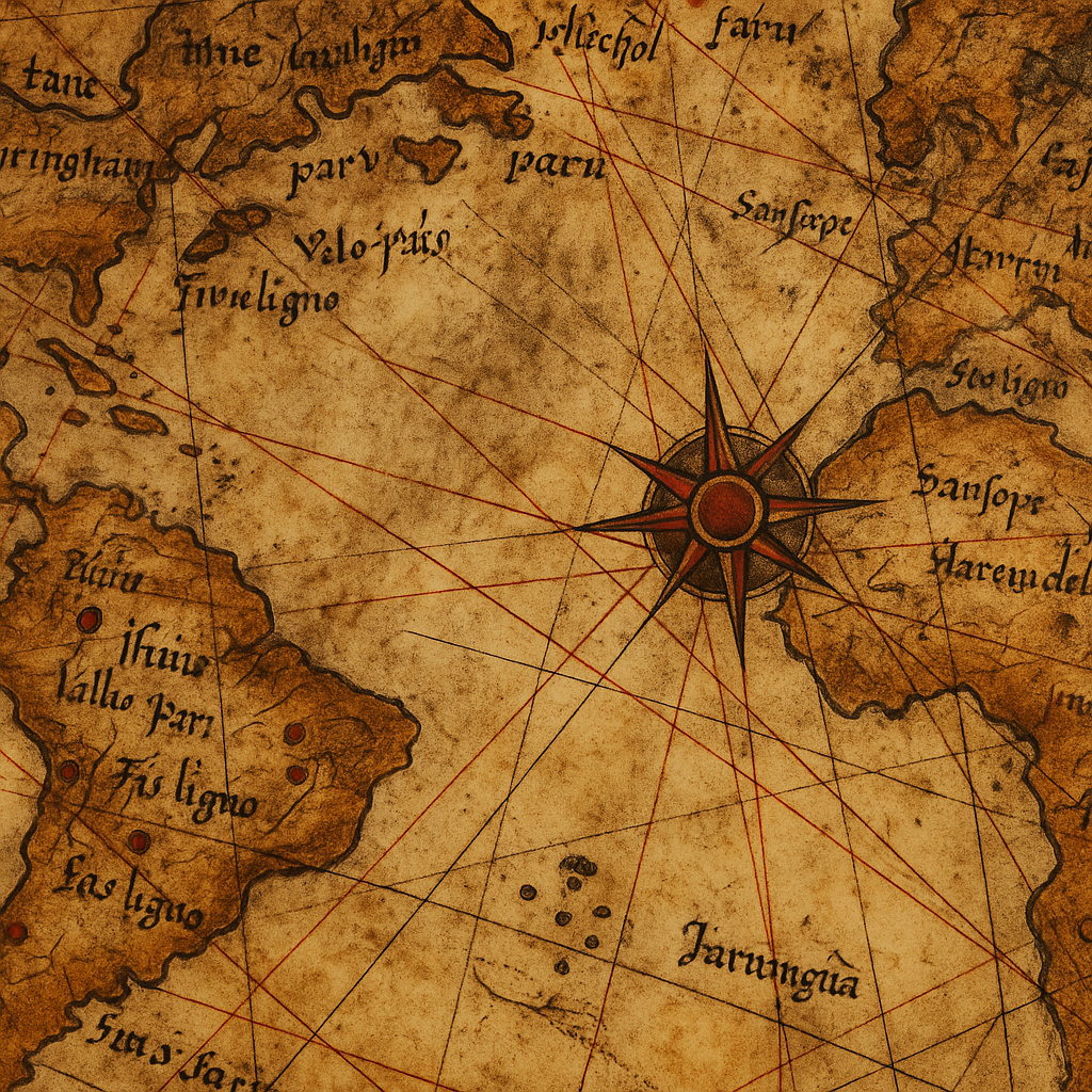 A detailed photograph of a historical nautical chart showing continents, handwritten notations, and navigation lines.