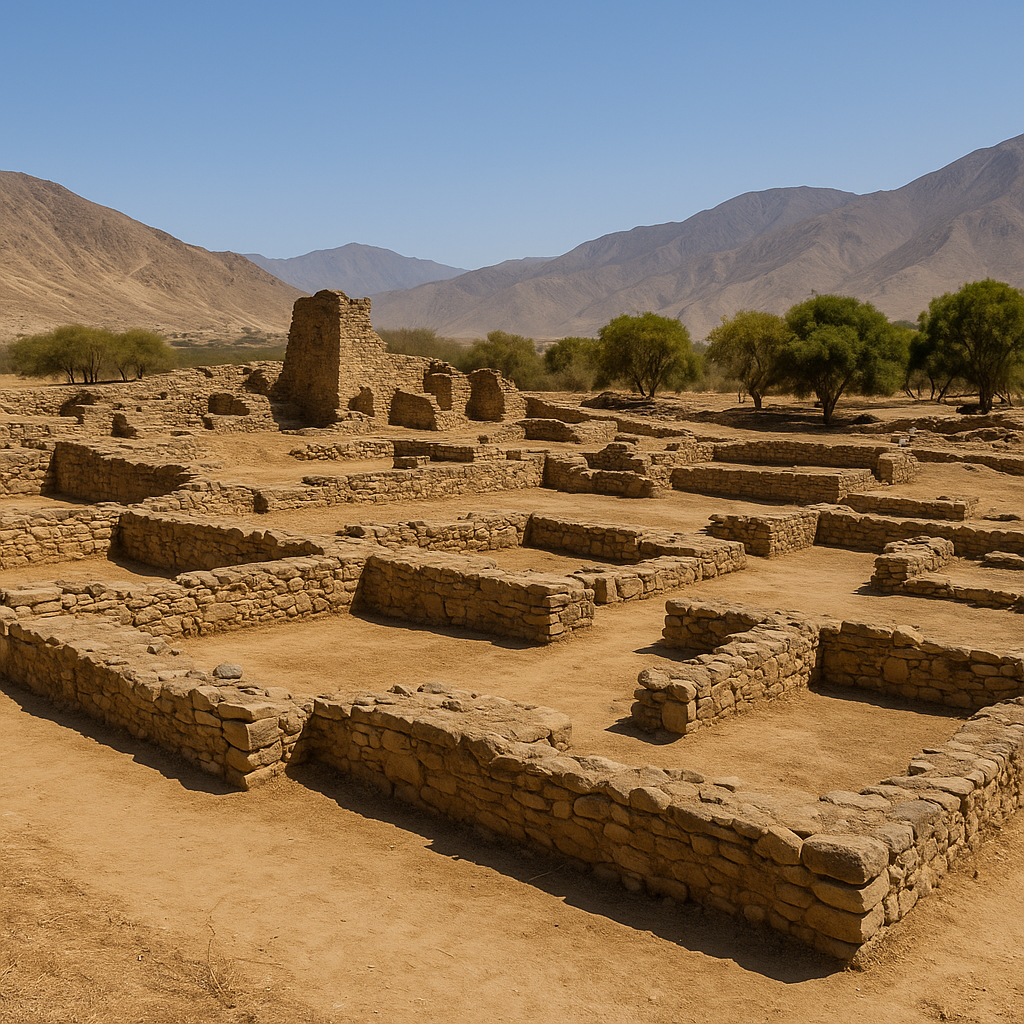High-resolution photo of uncovered stone structures and ceremonial plazas in a northern Peruvian archaeological site