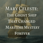 Vintage oil painting of the Mary Celeste sailing abandoned in the Atlantic Ocean under a stormy sky