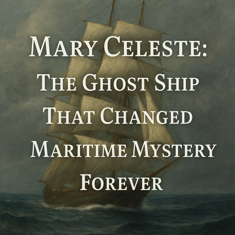 Vintage oil painting of the Mary Celeste sailing abandoned in the Atlantic Ocean under a stormy sky