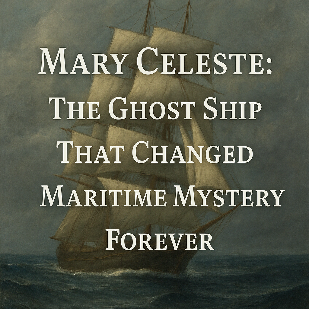 Vintage oil painting of the Mary Celeste sailing abandoned in the Atlantic Ocean under a stormy sky