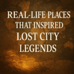 Vintage map with ancient ruins and the title 'Real-Life Places That Inspired Lost City Legends