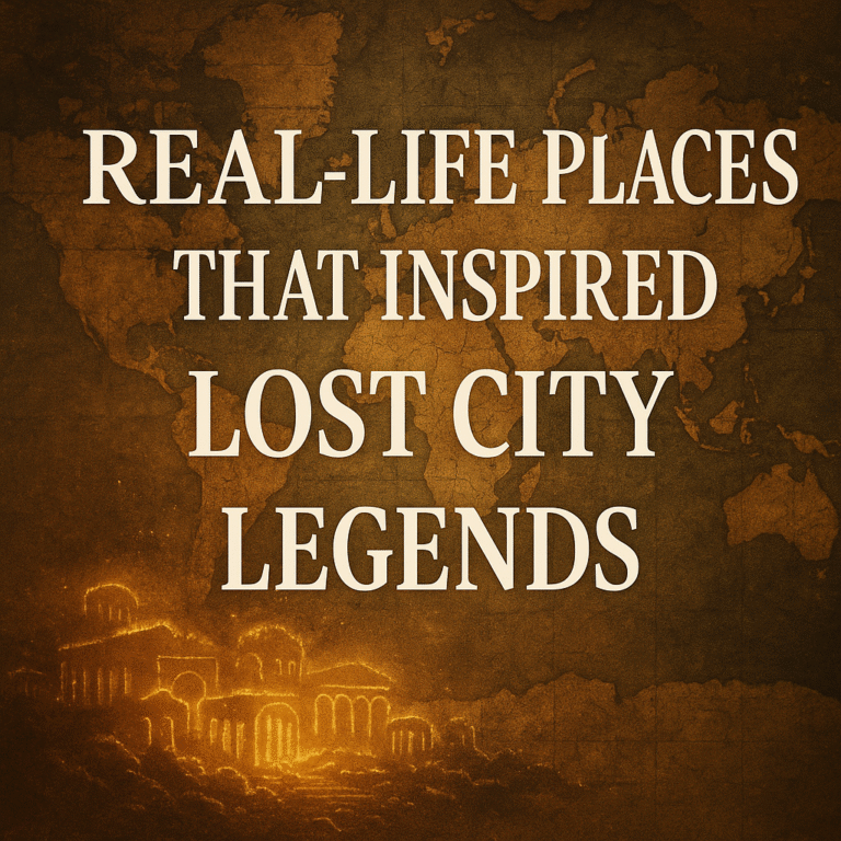 Vintage map with ancient ruins and the title 'Real-Life Places That Inspired Lost City Legends