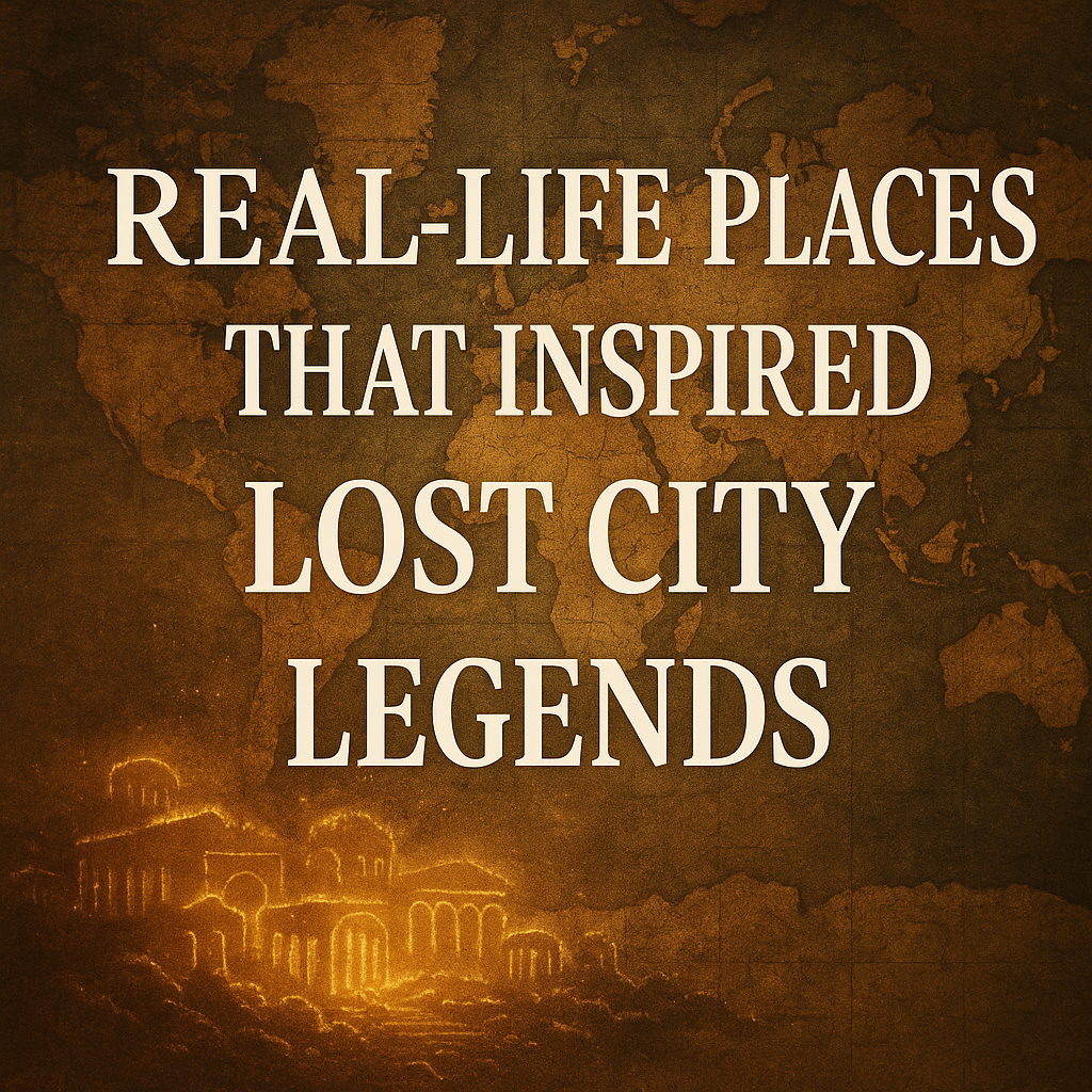 Vintage map with ancient ruins and the title 'Real-Life Places That Inspired Lost City Legends